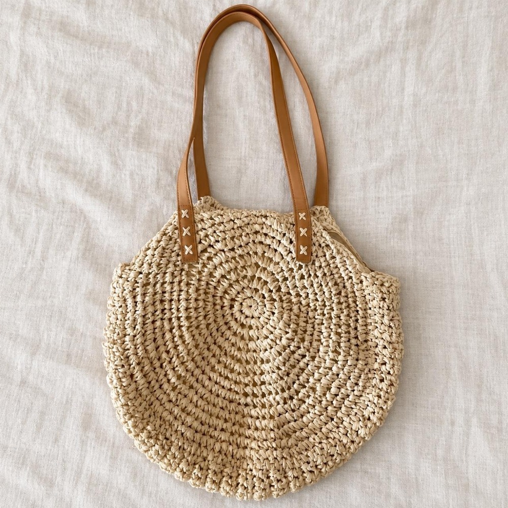 Round Woven Straw-Style Shoulder Bag | Natural & Tan